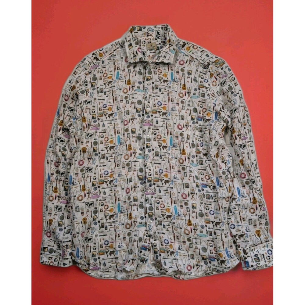 Silvery Sonrisa Luxury Linen Shirt XL Long Sleeve Vacation Theme All-Over Print